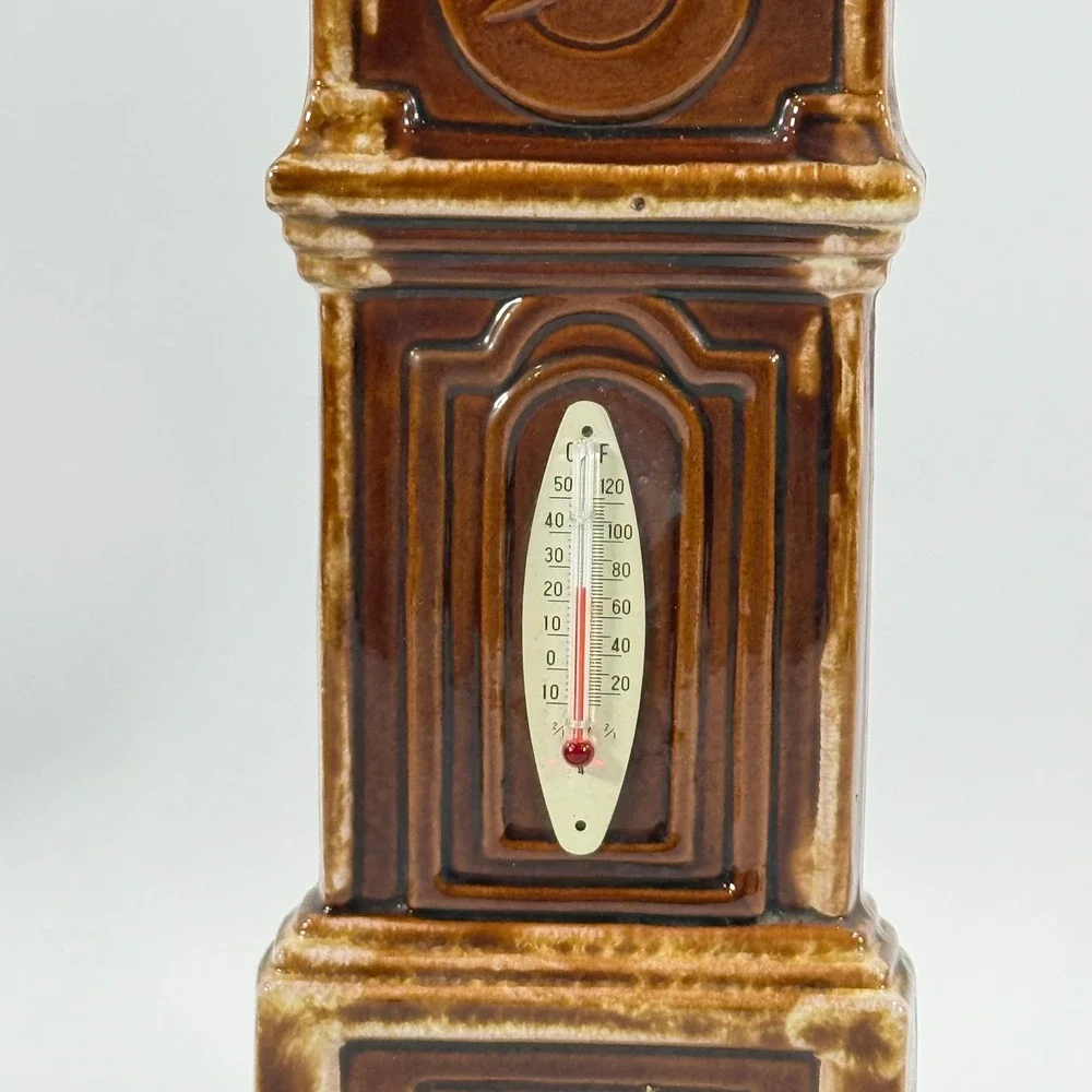 VTG Grandfather Clock Thermometer Ceramic‎ Brown Drip Glaze Japan MCM Home Decor
